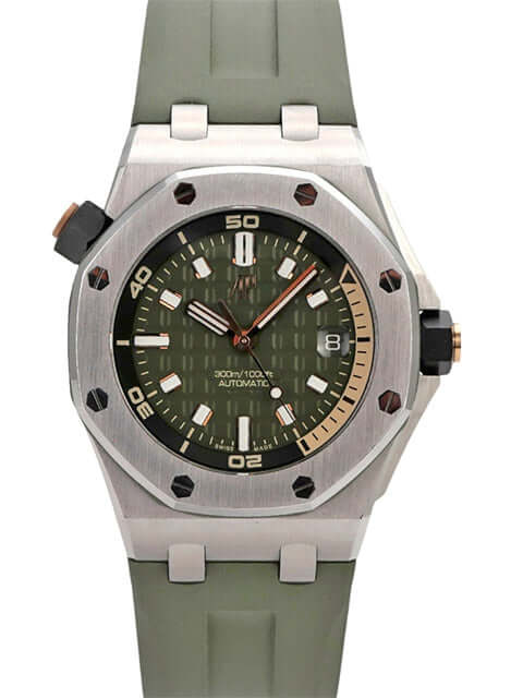 Audemars Piguet Royal Oak Offshore Diver 15720ST mit grünem Zifferblatt und Kautschukband.