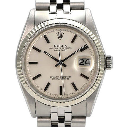 Rolex Datejust 36 Silber 1601 Jubile-Band, Edelstahl, silbernes Zifferblatt, Datumsanzeige und geriffelte Lünette