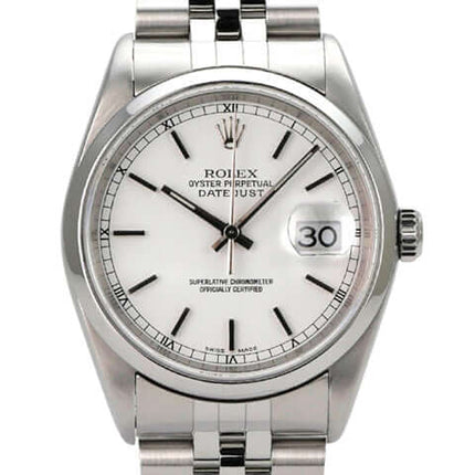 Rolex Datejust 36 Edelstahl 16200 Weiß Jubile-Band mit weißem Zifferblatt und Edelstahlarmband