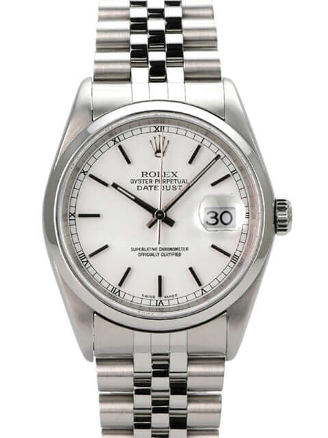 Rolex Datejust 36 Edelstahl 16200 Weiß Jubile-Band mit weißem Zifferblatt und Edelstahlarmband