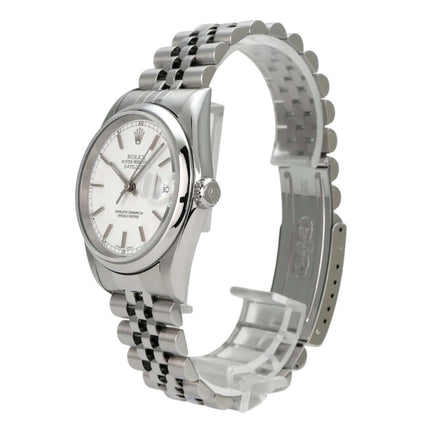 Rolex Datejust 36 Edelstahl 16200 Weiß Jubile-Band mit weißem Zifferblatt und Jubile-Edelstahlband.