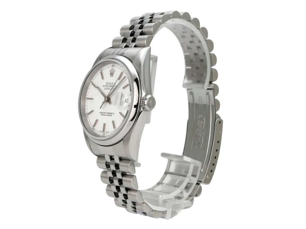 Rolex Datejust 36 Edelstahl 16200 Weiß Jubile-Band mit weißem Zifferblatt und Jubile-Edelstahlband.