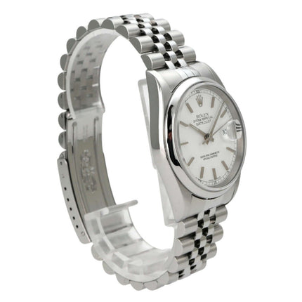 Rolex Datejust 36 Edelstahl 16200 Weiß Jubile-Band mit weißem Zifferblatt und Jubile-Edelstahlband.
