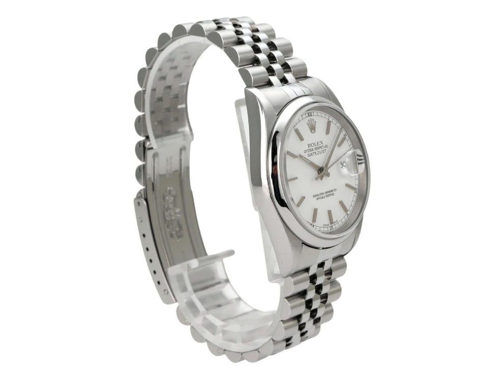 Rolex Datejust 36 Edelstahl 16200 Weiß Jubile-Band mit weißem Zifferblatt und Jubile-Edelstahlband.