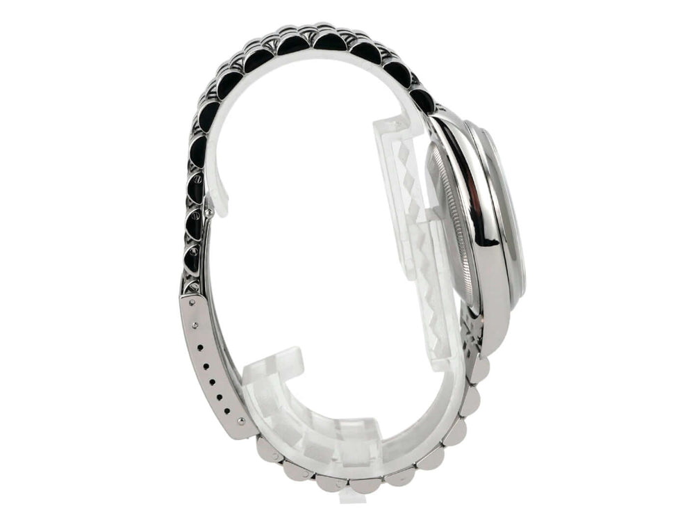 Rolex Datejust 36 Edelstahl 16200 Weiß Jubile-Band seitliche Ansicht des Armbands und Gehäuses.