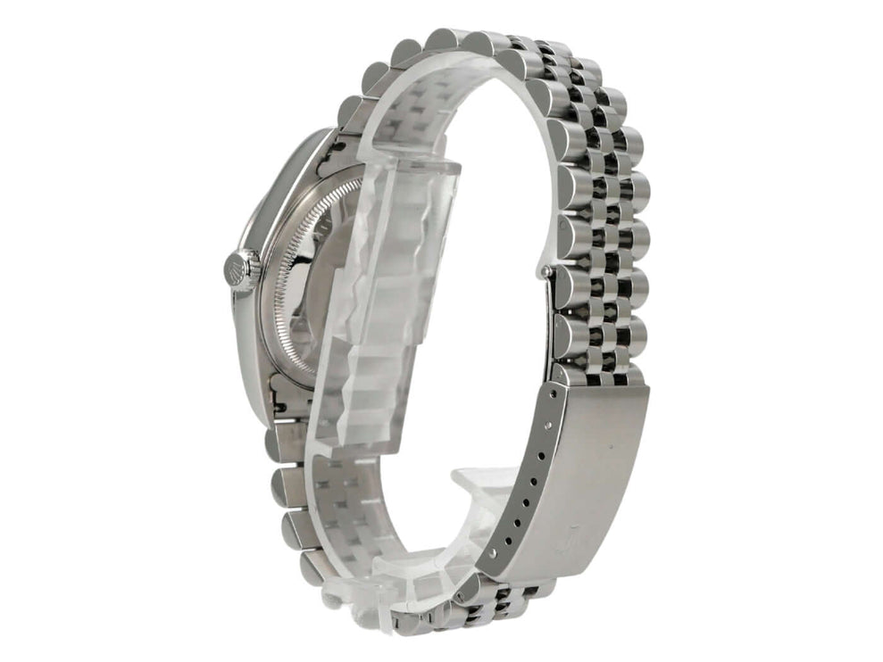 Rolex Datejust 36 Edelstahl 16200 Weiß Jubile-Band aus Edelstahl mit Jubile-Bandansicht von der Seite.