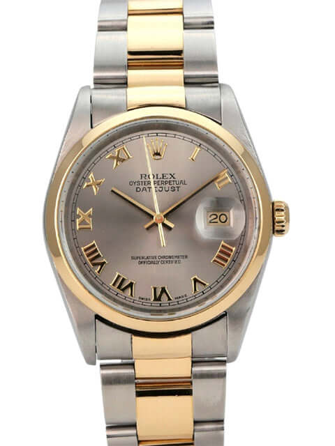 Rolex Datejust 36 Uhr mit Edelstahl- und Goldarmband, römischen Ziffern und grauem Zifferblatt. Modell 16203.