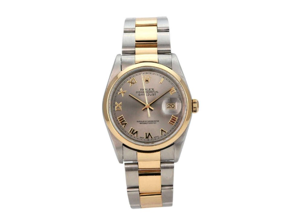 Rolex Datejust 36 Stahl Gold 16203 mit grauem Zifferblatt und römischen Ziffern, Edelstahl- und Goldarmband.