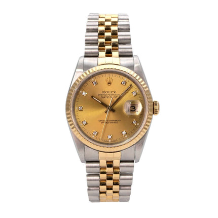 Rolex Datejust 36 Edelstahl Gelbgold 16233 mit champagnerfarbenem Zifferblatt und Diamanten.