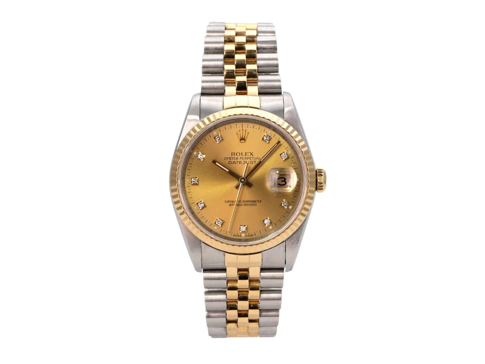 Rolex Datejust 36 Edelstahl Gelbgold 16233 mit champagnerfarbenem Zifferblatt und Diamanten.