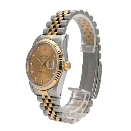 Rolex Datejust 36 Edelstahl Gelbgold 16233 mit Champagnerfarbenem Zifferblatt und Diamanten.