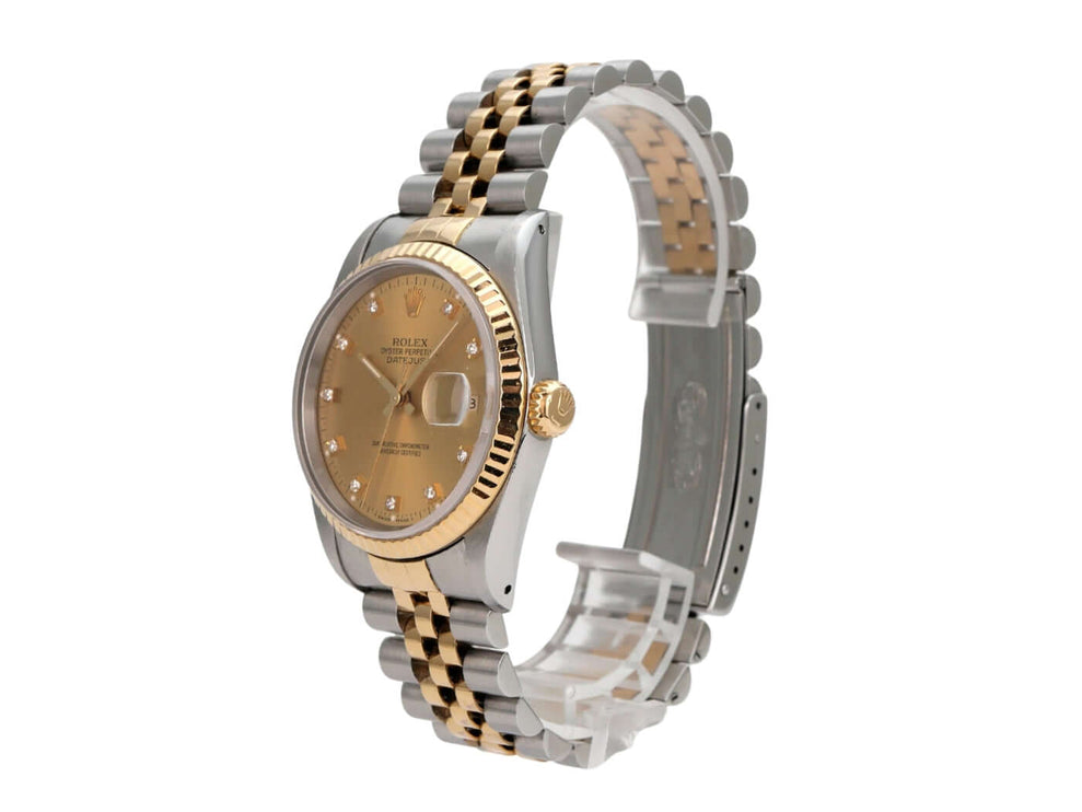 Rolex Datejust 36 Edelstahl Gelbgold 16233 mit Champagnerfarbenem Zifferblatt und Diamanten.