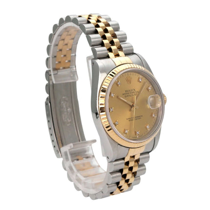 Rolex Datejust 36 Edelstahl Gelbgold 16233 mit champagnerfarbenem Zifferblatt und Diamanten.