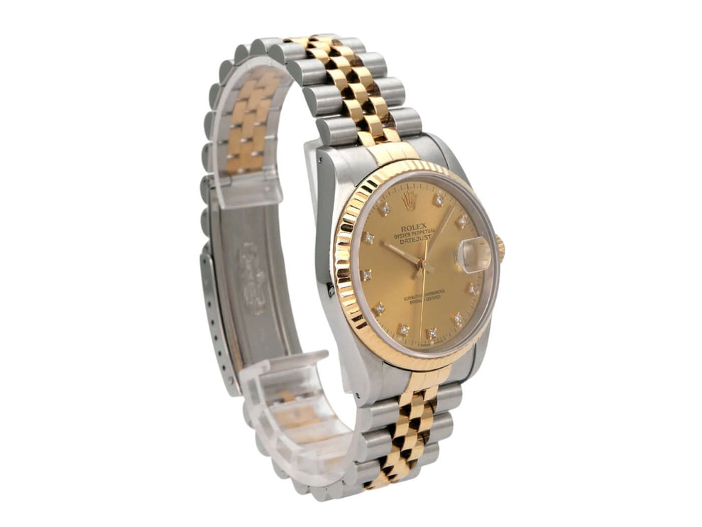 Rolex Datejust 36 Edelstahl Gelbgold 16233 mit champagnerfarbenem Zifferblatt und Diamanten.