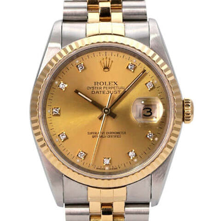 Rolex Datejust 36 Edelstahl Gelbgold 16233 mit champagnerfarbenem Zifferblatt und Diamanten.