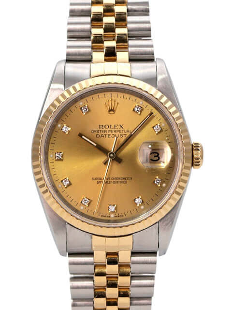 Rolex Datejust 36 Edelstahl Gelbgold 16233 mit champagnerfarbenem Zifferblatt und Diamanten.