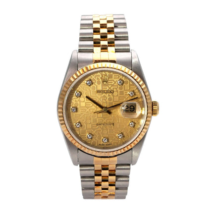 Rolex Datejust 36 Edelstahl Gelbgold 16233 mit champagnerfarbenem Diamant-Zifferblatt und Jubilé-Armband