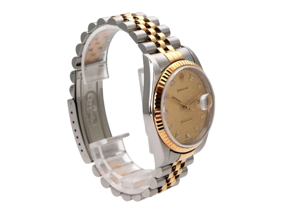 Rolex Datejust 36 Edelstahl Gelbgold 16233 mit champagnerfarbenem Zifferblatt und Diamanten, Luxus-Armbanduhr