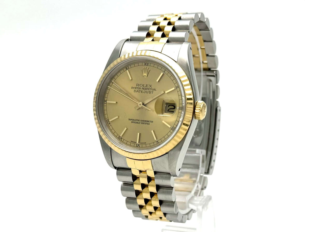 Rolex Datejust 36 Edelstahl Gelbgold 16233 mit Champagner Zifferblatt und Jubile-Armband; elegante Luxusuhr mit automatischem Uhrwerk.
