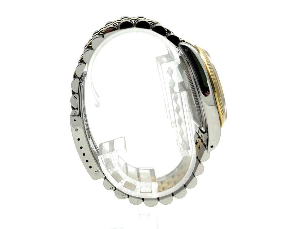 Rolex Datejust 36 Edelstahl-Gelbgold 16233 seitliche Ansicht Champagner Zifferblatt und Jubile-Armband