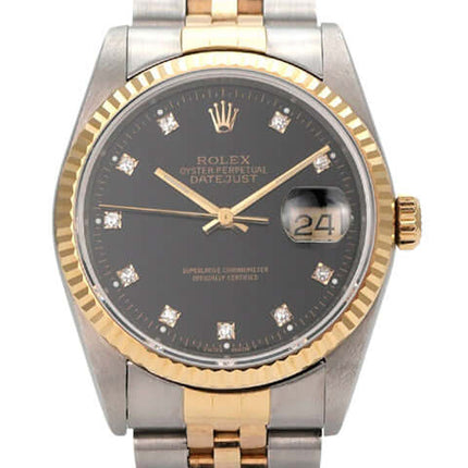 Rolex Datejust 36 Edelstahl Gelbgold 16233 Schwarz Diamant Jubile-Band nahaufnahme mit schwarzem Zifferblatt und Diamanten.