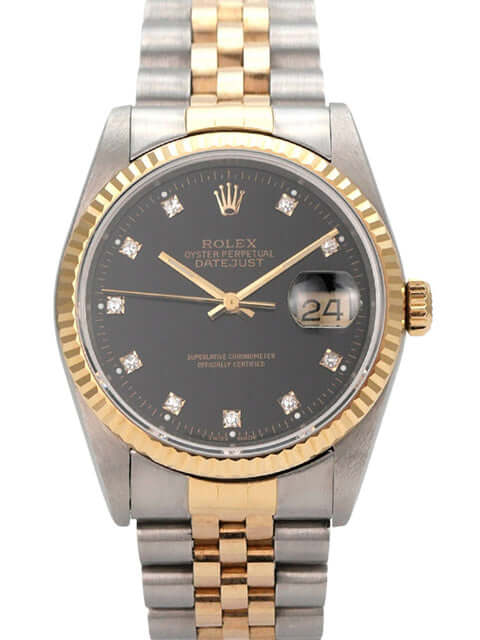 Rolex Datejust 36 Edelstahl Gelbgold 16233 Schwarz Diamant Jubile-Band nahaufnahme mit schwarzem Zifferblatt und Diamanten.