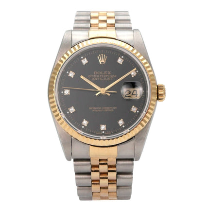 Rolex Datejust 36 Edelstahl Gelbgold 16233 Schwarz Diamant Jubile-Band Uhr mit schwarzem Zifferblatt und Diamond-Applikationen