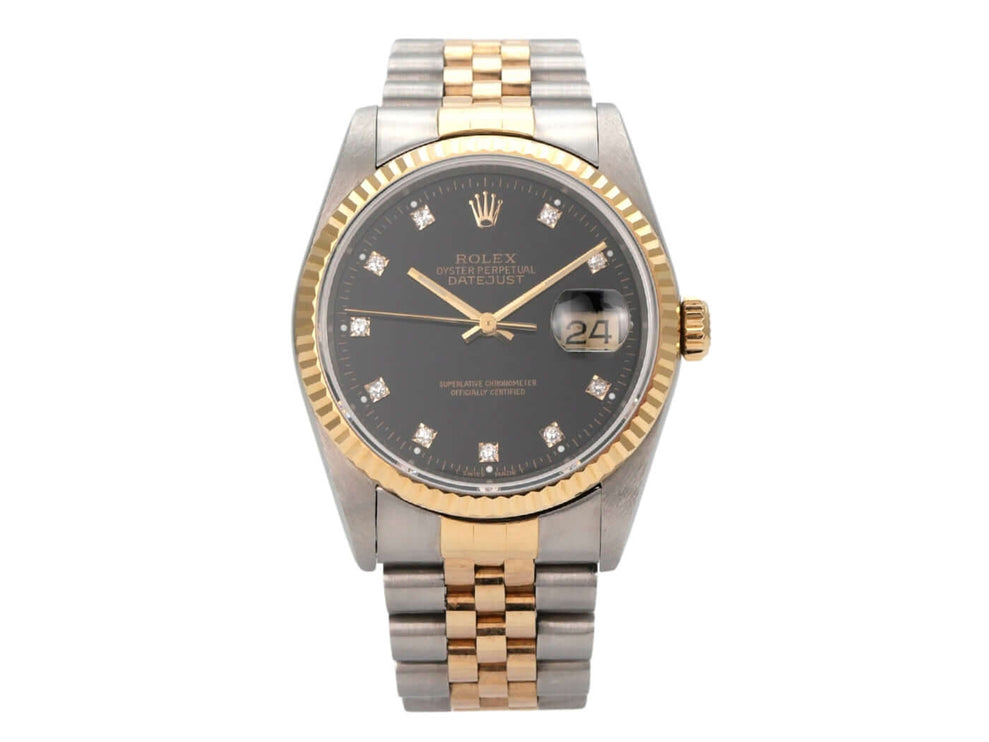 Rolex Datejust 36 Edelstahl Gelbgold 16233 Schwarz Diamant Jubile-Band Uhr mit schwarzem Zifferblatt und Diamond-Applikationen