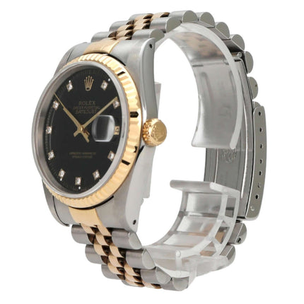 Rolex Datejust 36 Edelstahl Gelbgold 16233 Schwarz Diamant Jubile-Band seitliche Ansicht mit schwarzem Zifferblatt und Diamanten.