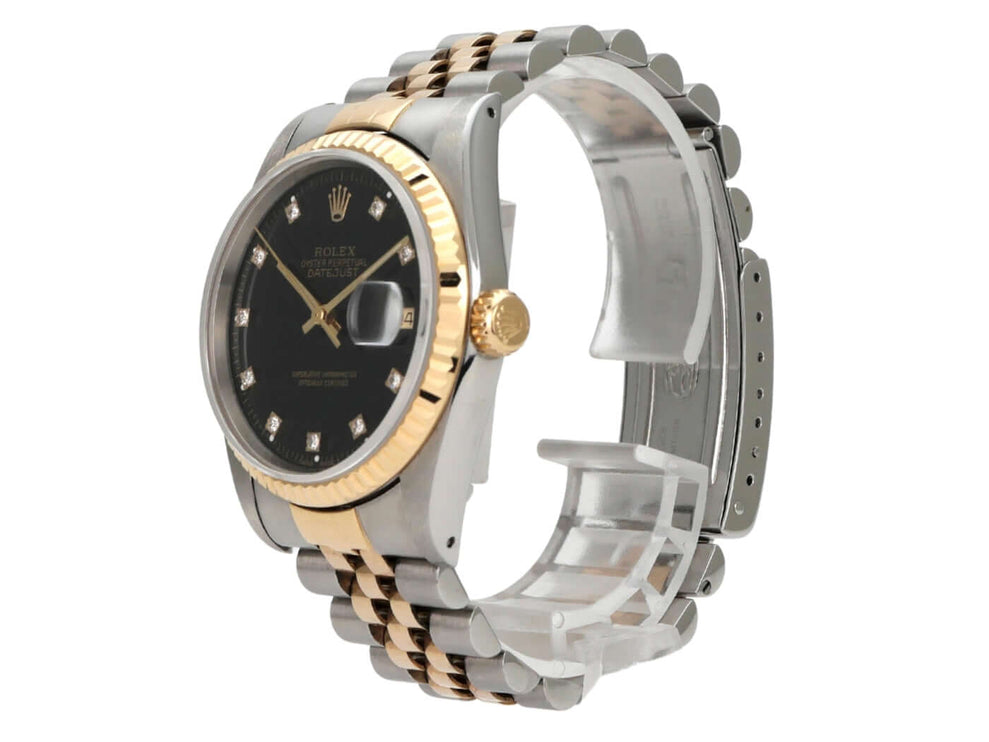 Rolex Datejust 36 Edelstahl Gelbgold 16233 Schwarz Diamant Jubile-Band seitliche Ansicht mit schwarzem Zifferblatt und Diamanten.