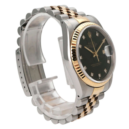 Rolex Datejust 36 Edelstahl Gelbgold 16233 Schwarz Diamant Jubile-Band in poliertem Edelstahl und Gelbgold mit schwarzem Zifferblatt.