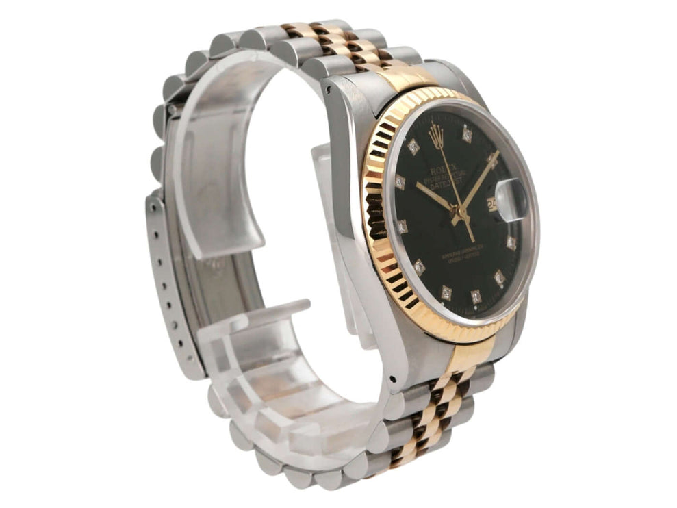 Rolex Datejust 36 Edelstahl Gelbgold 16233 Schwarz Diamant Jubile-Band in poliertem Edelstahl und Gelbgold mit schwarzem Zifferblatt.