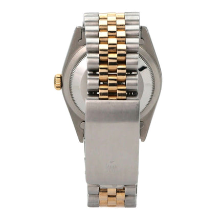 Rolex Datejust 36 Edelstahl Gelbgold 16233 Schwarz Diamant Jubile-Band, Rückansicht mit Jubile-Band aus Edelstahl und Gelbgold.