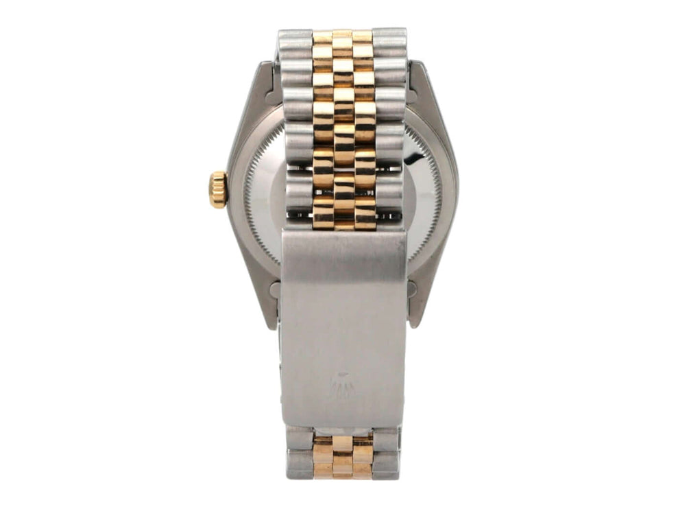 Rolex Datejust 36 Edelstahl Gelbgold 16233 Schwarz Diamant Jubile-Band, Rückansicht mit Jubile-Band aus Edelstahl und Gelbgold.