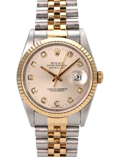 Rolex Datejust 36 Edelstahl Gelbgold 16233 Silber Diamant Jubile-Band, silbernes Diamant-Zifferblatt