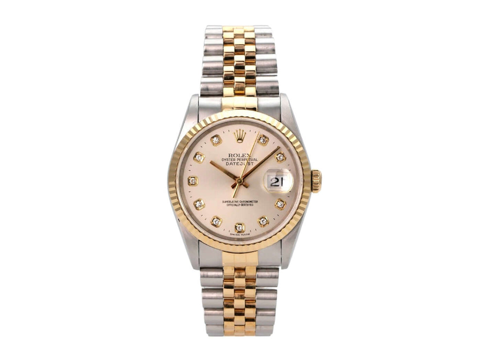Rolex Datejust 36 Edelstahl Gelbgold 16233 Silber Diamant Jubile-Band mit silbernem Zifferblatt