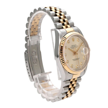 Rolex Datejust 36 Edelstahl Gelbgold 16233 Silber Diamant Jubile-Band, goldene Zeiger, Diamant-Zifferblatt