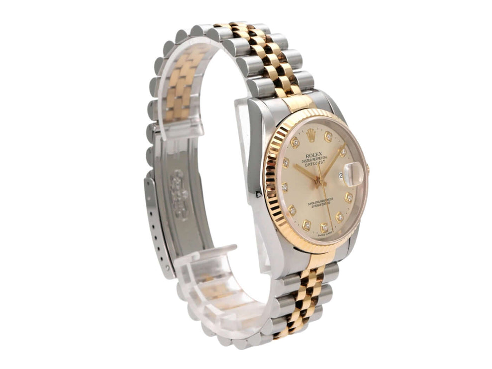 Rolex Datejust 36 Edelstahl Gelbgold 16233 Silber Diamant Jubile-Band, goldene Zeiger, Diamant-Zifferblatt