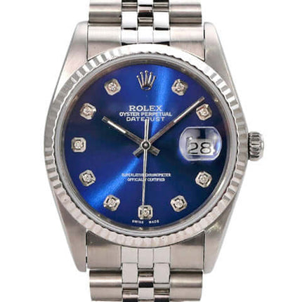 Rolex Datejust 36 Ref. 16234 Blau Diamant Jubile-Band mit blauem Zifferblatt und Diamanten auf dem Zifferblatt.