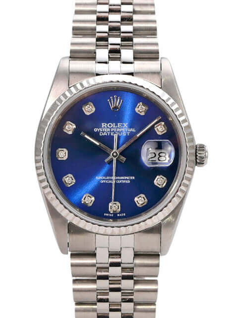 Rolex Datejust 36 Ref. 16234 Blau Diamant Jubile-Band mit blauem Zifferblatt und Diamanten auf dem Zifferblatt.
