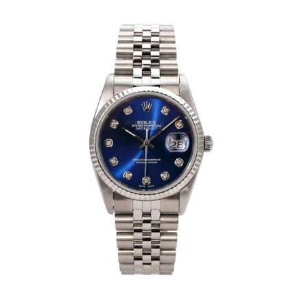 Rolex Datejust 36 Ref. 16234 Blau Diamant Jubile-Band mit blauem Zifferblatt und poliertem Jubile-Armband.
