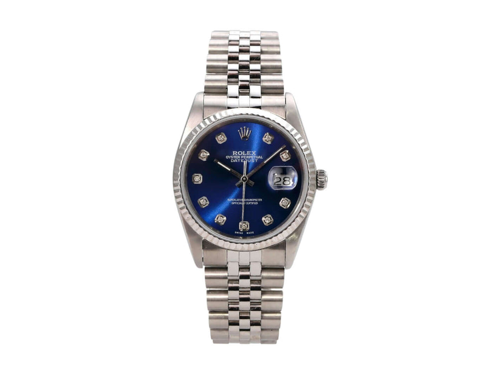 Rolex Datejust 36 Ref. 16234 Blau Diamant Jubile-Band mit blauem Zifferblatt und poliertem Jubile-Armband.