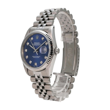 Rolex Datejust 36 Ref. 16234 Blau Diamant Jubile-Band mit blauem Zifferblatt und Jubile Edelstahl Armband