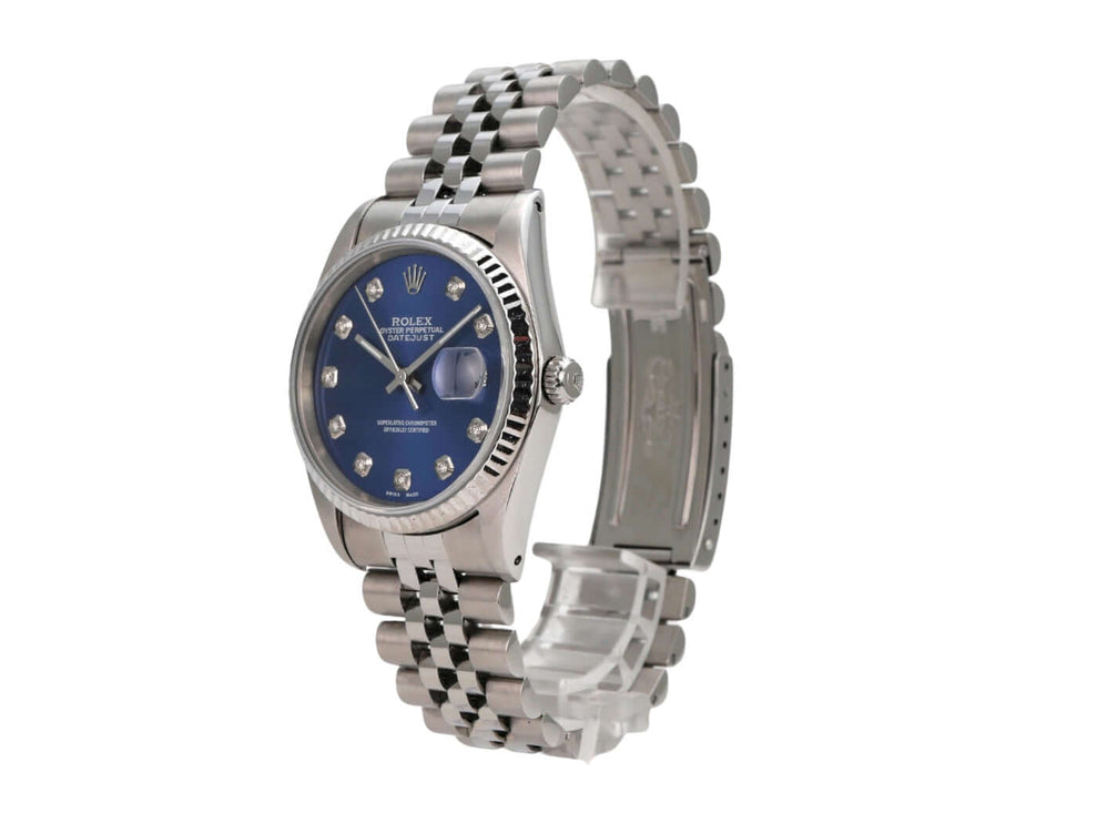Rolex Datejust 36 Ref. 16234 Blau Diamant Jubile-Band mit blauem Zifferblatt und Jubile Edelstahl Armband