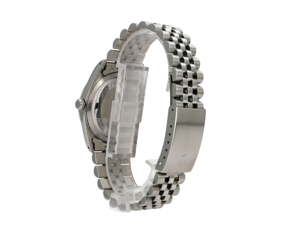 Rolex Datejust 36 Ref. 16234 Blau Diamant Jubile-Band seitliche Ansicht mit Edelstahl-Armband