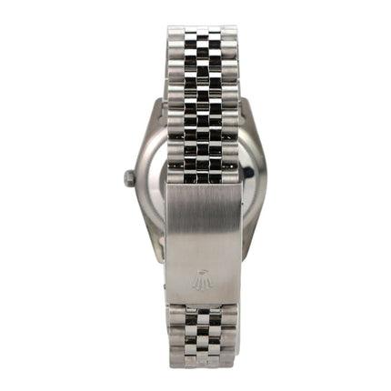 Rolex Datejust 36 Ref. 16234 Blau Diamant Jubile-Band Rückansicht des Armbands und Gehäuses aus Edelstahl.