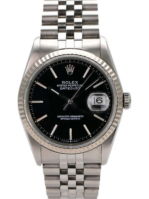 Rolex Datejust 36 Ref. 16234 mit schwarzem Zifferblatt und Jubile Edelstahl-Armband, Automatik-Uhrwerk, 1993 Modellen.