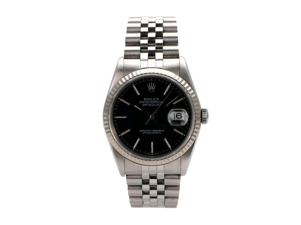 Rolex Datejust 36 Ref. 16234 mit schwarzem Zifferblatt und Jubile Edelstahl-Armband, elegant und automatik.