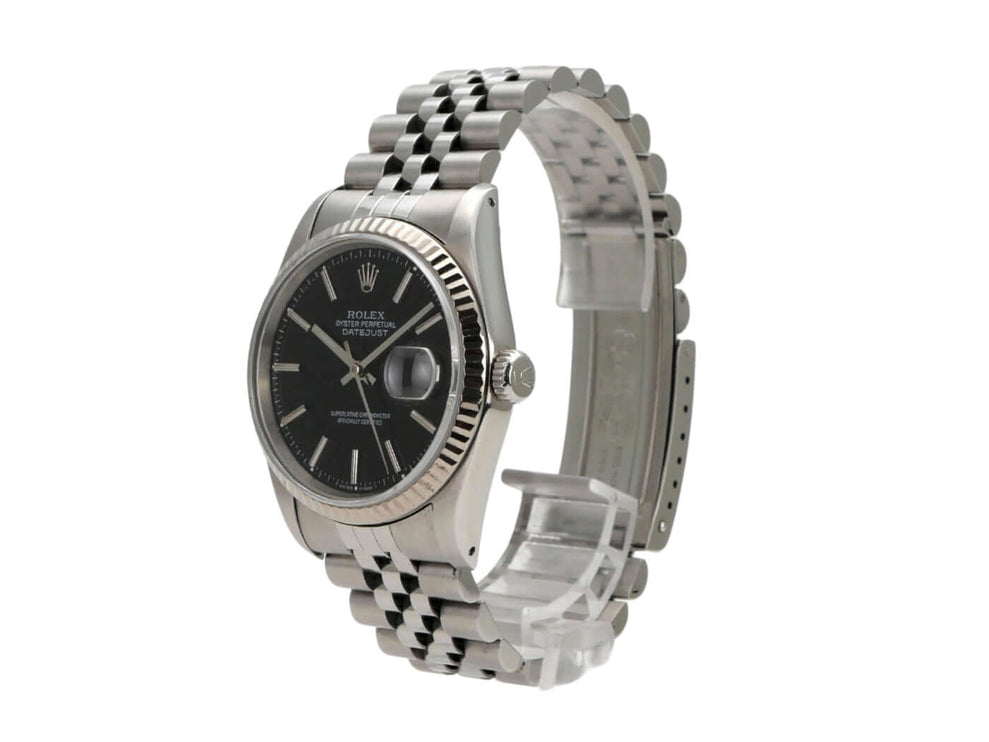 Rolex Datejust 36 Ref. 16234 mit schwarzem Zifferblatt und Jubile Edelstahlarmband. Automatik Uhr mit 36 mm Gehäuse.