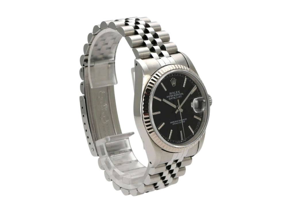 Rolex Datejust 36 Ref. 16234 mit schwarzem Zifferblatt und Jubile Edelstahlarmband, 1993, poliert und satiniert.